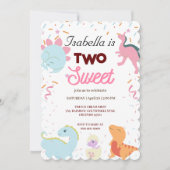 ディノパーティーかわいい恐竜2つの甘い誕生日女の子 招待状 (正面)