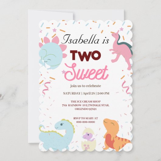 ディノパーティーかわいい恐竜2つの甘い誕生日女の子 招待状 (正面)