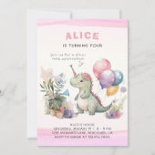 ディノパーティーかわいい水色ガールピンク誕生日 招待状 (正面)