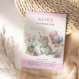 ディノパーティーかわいい水色ガールピンク誕生日 招待状