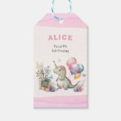 ディノパーティーウォーターカラーガールピンク誕生日 ギフトタグ (正面)
