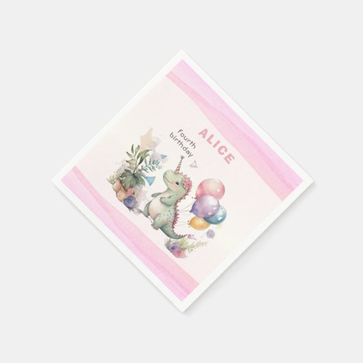 ディノパーティーウォーターカラーガールピンク誕生日 スタンダードカクテルナプキン (角)