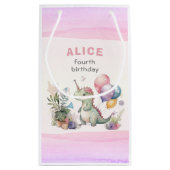 ディノパーティーウォーターカラーガールピンク誕生日 スモールペーパーバッグ (裏面)