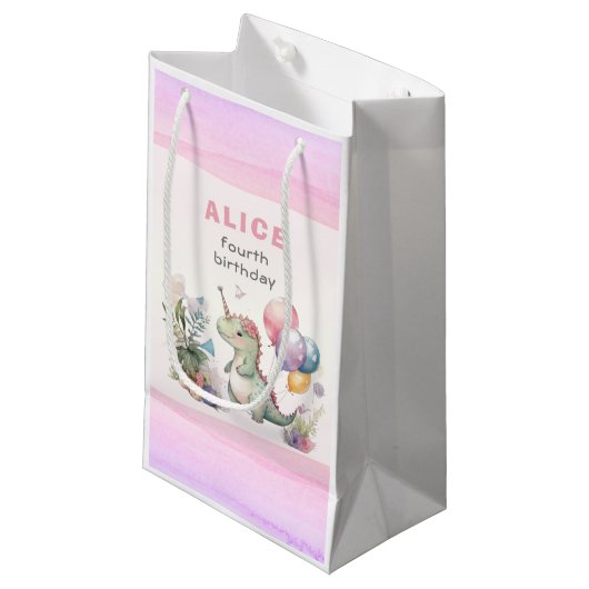 ディノパーティーウォーターカラーガールピンク誕生日 スモールペーパーバッグ (正面アングル)