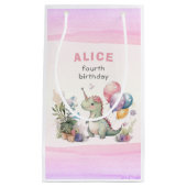 ディノパーティーウォーターカラーガールピンク誕生日 スモールペーパーバッグ (正面)