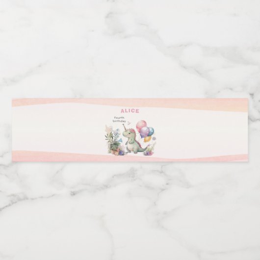 ディノパーティーウォーターカラーガールピンク誕生日 ペットボトルラベル (シングルラベル)