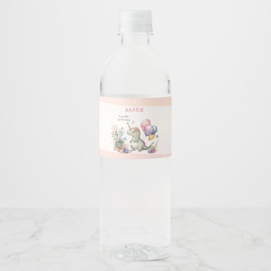 ディノパーティーウォーターカラーガールピンク誕生日 ペットボトルラベル (正面)
