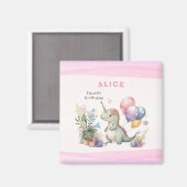 ディノパーティーウォーターカラーガールピンク誕生日 マグネット (正面/裏面)