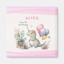 ディノパーティーウォーターカラーガールピンク誕生日 マグネット