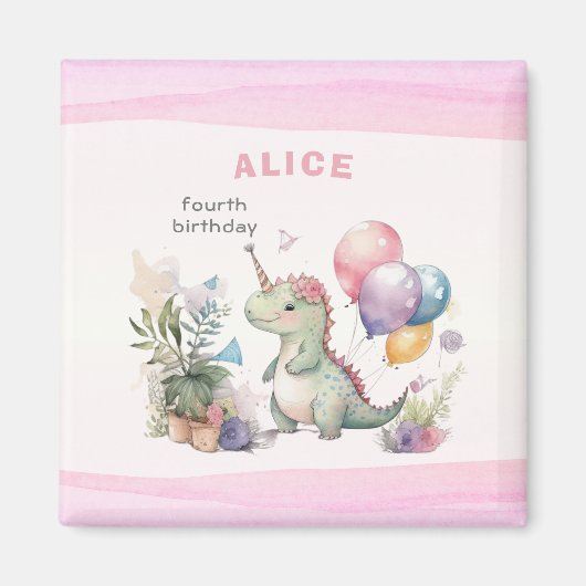 ディノパーティーウォーターカラーガールピンク誕生日 マグネット (正面)