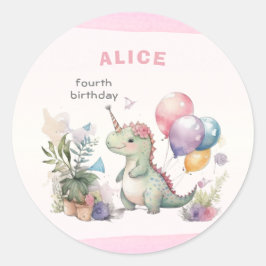 ディノパーティーウォーターカラーガールピンク誕生日 ラウンドシール