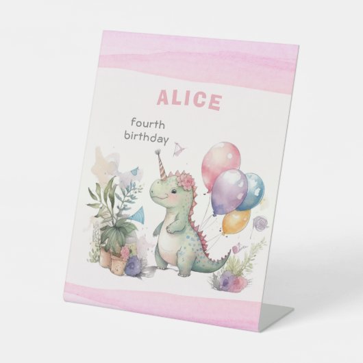 ディノパーティーウォーターカラーガールピンク誕生日 台座サイン (正面)