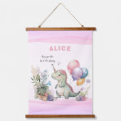 ディノパーティーウォーターカラーガールピンク誕生日 吊り下げ型タペストリー (正面)