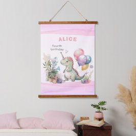 ディノパーティーウォーターカラーガールピンク誕生日 吊り下げ型タペストリー