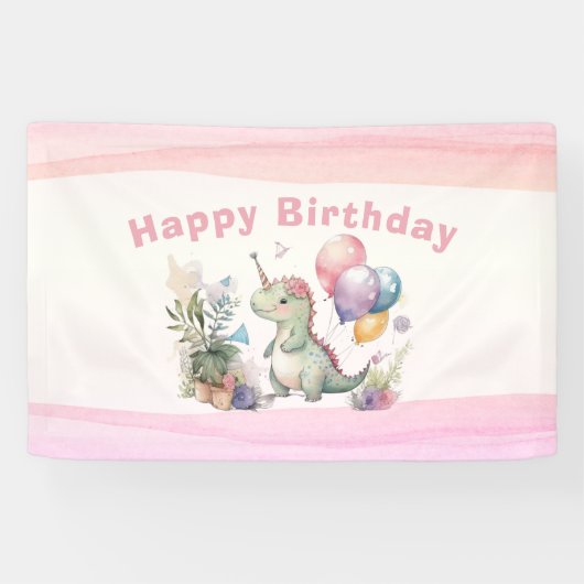 ディノパーティーウォーターカラーガールピンク誕生日 横断幕 (横)