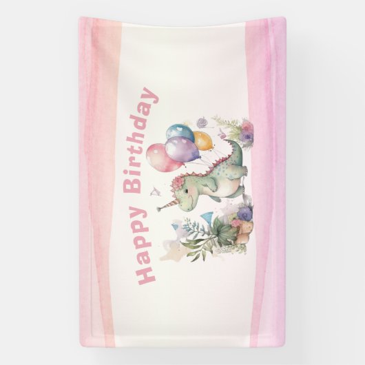 ディノパーティーウォーターカラーガールピンク誕生日 横断幕 (縦)