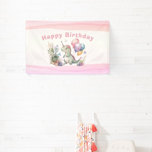 ディノパーティーウォーターカラーガールピンク誕生日 横断幕 (インサイチュ)