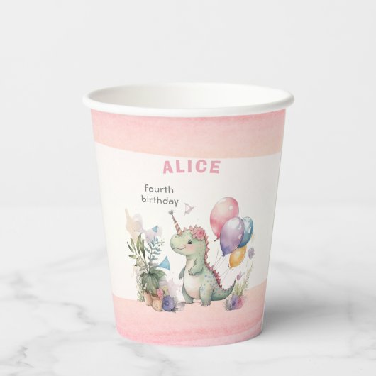 ディノパーティーウォーターカラーガールピンク誕生日 紙コップ (裏面)