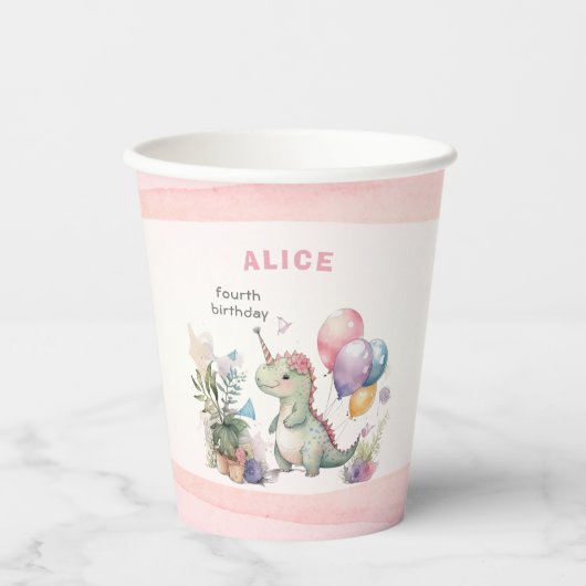 ディノパーティーウォーターカラーガールピンク誕生日 紙コップ (正面)