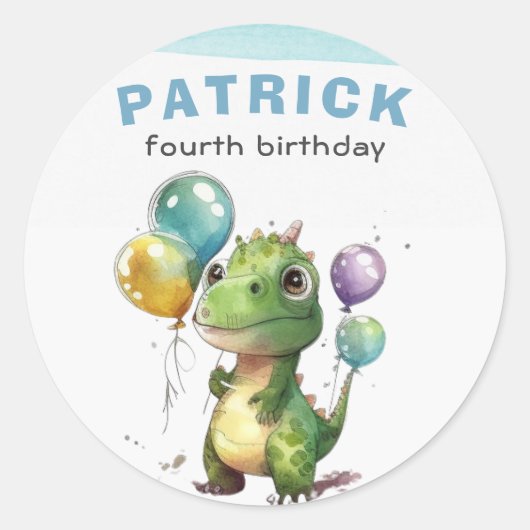 ディノパーティーウォーターカラーボーイブルー誕生日 ラウンドシール (正面)