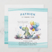 ディノパーティーウォーターカラーボーイブルー誕生日 招待状 (正面/裏面)