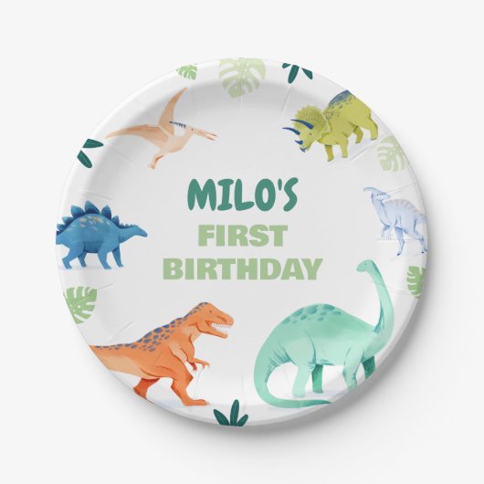 ディノパーティーカラフル恐竜誕生日紙プレート ペーパープレート (正面)