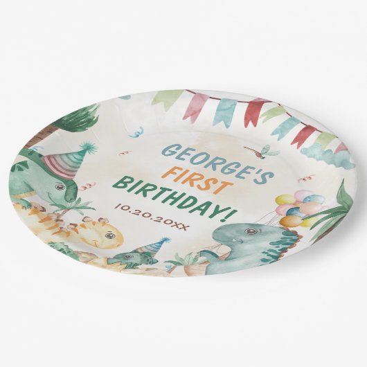 ディノパーティーキュート恐竜ファースト誕生日 ペーパープレート (アングル)