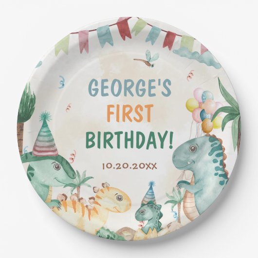 ディノパーティーキュート恐竜ファースト誕生日 ペーパープレート (正面)