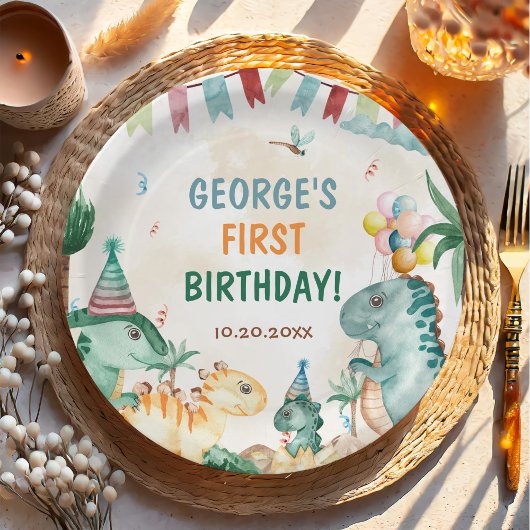 ディノパーティーキュート恐竜ファースト誕生日 ペーパープレート