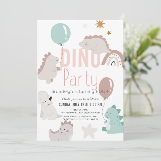 ディノパーティーピンクディオラントラガール誕生日 招待状 (スタンド正面)