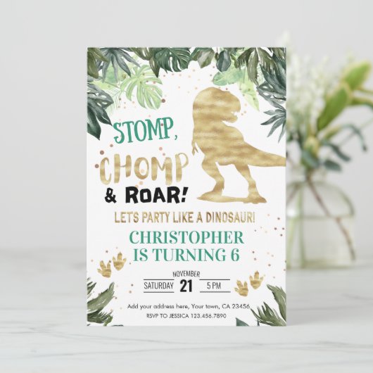 ディノパーティーボーイ金ゴールド恐竜誕生日 招待状 (スタンド正面)