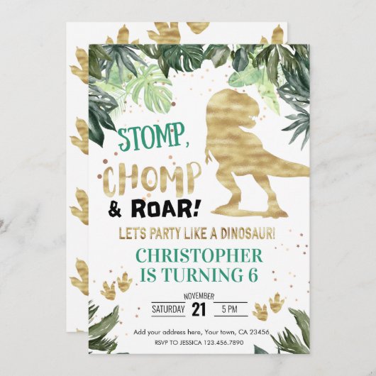 ディノパーティーボーイ金ゴールド恐竜誕生日 招待状 (正面/裏面)