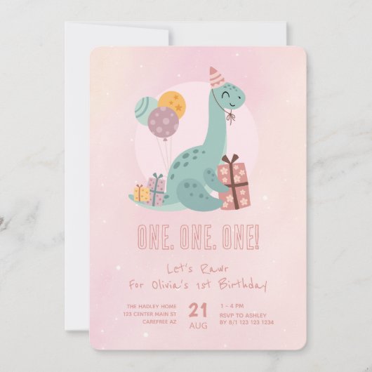 ディノパーティーラーワーピンク1歳の誕生日 招待状 (正面)