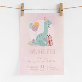 ディノパーティーラーワーピンク1歳の誕生日 招待状