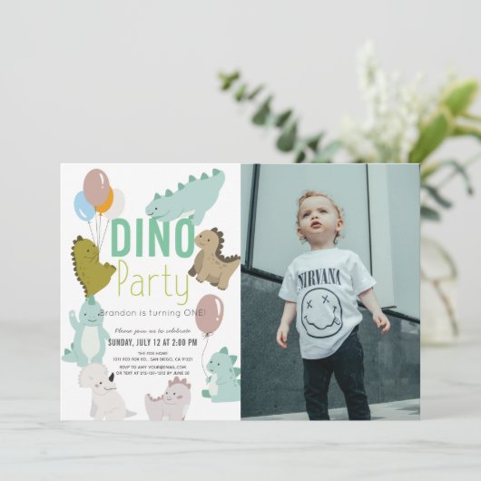 ディノパーティー恐竜ボーイフォト誕生日 招待状 (スタンド正面)