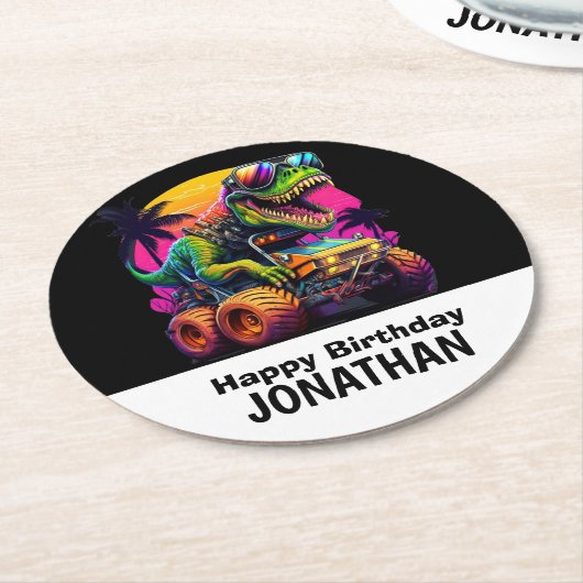 ディノマイトモンスタートラック誕生日パーティー ラウンドペーパーコースター (アングル)