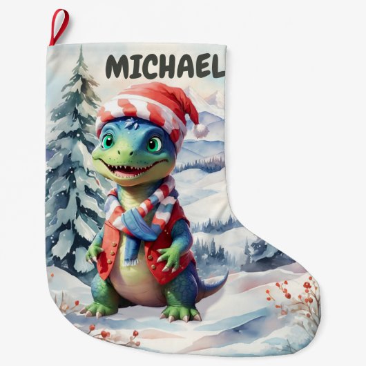 ディノワンダーランドホリデーフェスティバルウォーターカラー ラージクリスマスストッキング (正面)