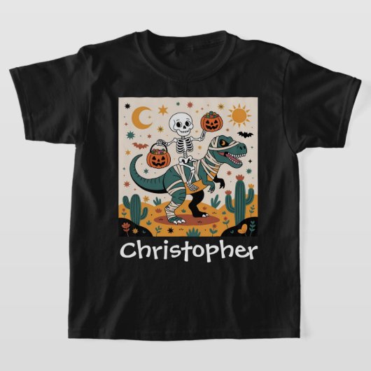 ディノ不気味ライダー – ミイラTレックスのスケルトン Tシャツ (レイダウン)