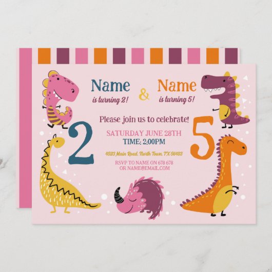ディノ子供の誕生日ガールズピンクニーエイジジョイントパーティー 招待状 (正面/裏面)