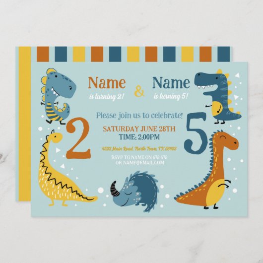 ディノ子供の誕生日ガールズボーイズエイジージジョイントパーティー 招待状 (正面/裏面)