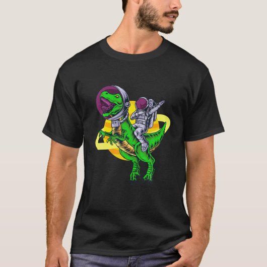 ディノ島でレックスに乗る宇宙おもしろい Tシャツ (正面)