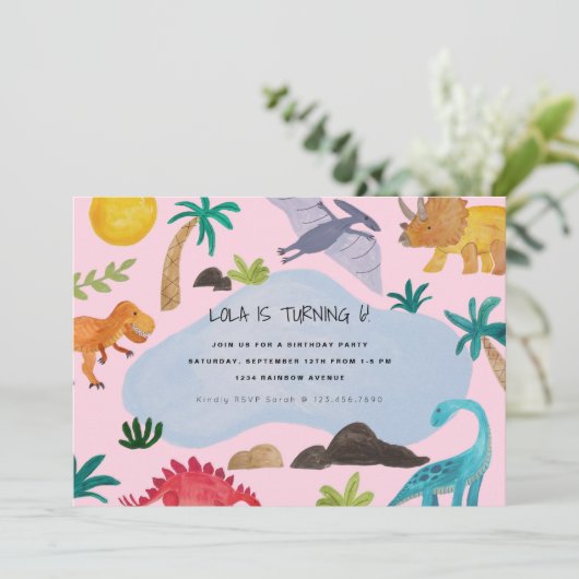ディノ絵を描ス子供の誕生日パーティの招待状 招待状 (スタンド正面)