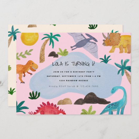 ディノ絵を描ス子供の誕生日パーティの招待状 招待状 (正面/裏面)