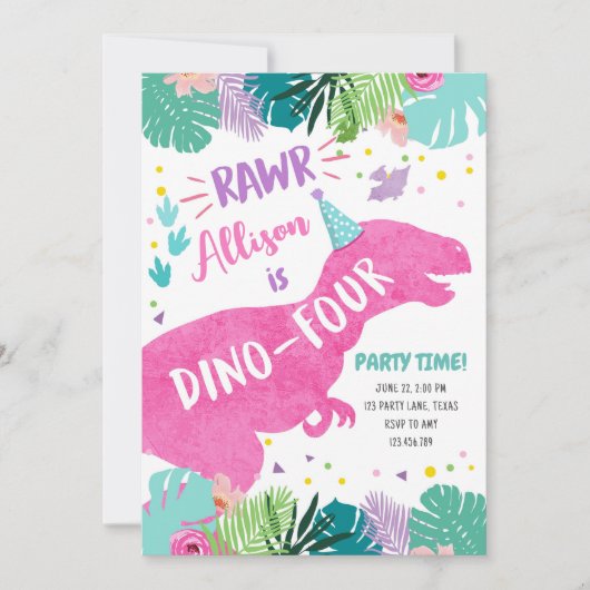 ディノ4ピンクディオラガール第4誕生日 招待状 (正面)