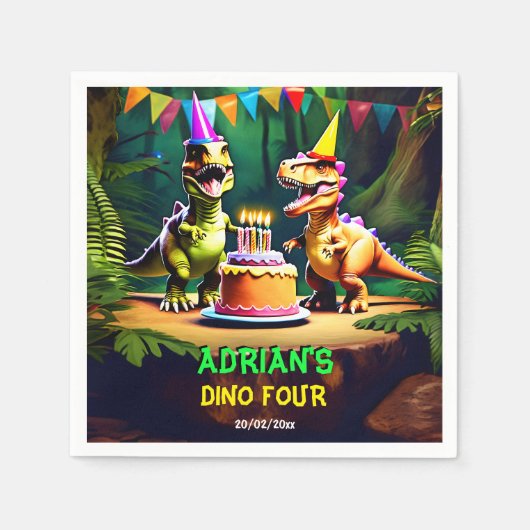 ディノ4恐竜の誕生日の食器テンプレート スタンダードカクテルナプキン (正面)