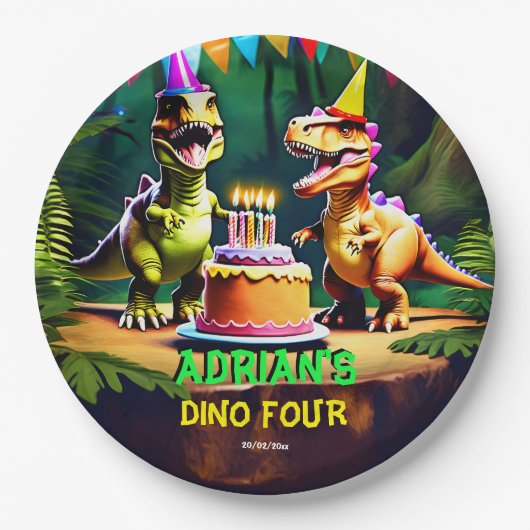 ディノ4恐竜の誕生日の食器テンプレート ペーパープレート (正面)
