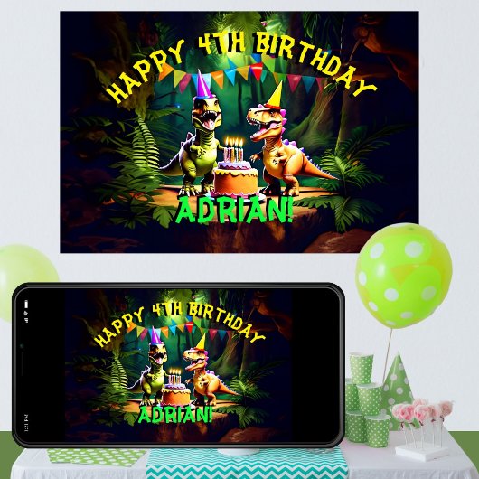 ディノ4恐竜ハッピーバースデーテンプレート ポスター