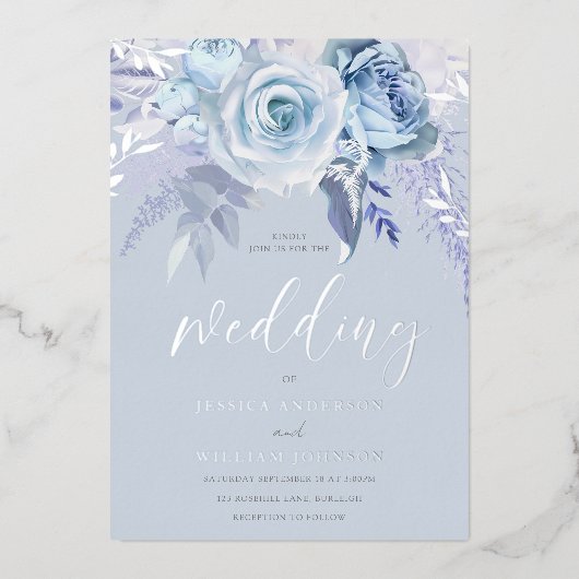 ディバイン・ダスティー結婚・ブルーフローラズ実在・シルバー 箔招待状 (正面)