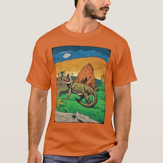 ディメトロドン単弓類 タイムトラベルTシャツ メンズ Tシャツ (正面)