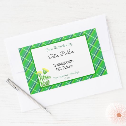 ディルと花が付いた編集可能な緑の格子状のシール 長方形シール (封筒)